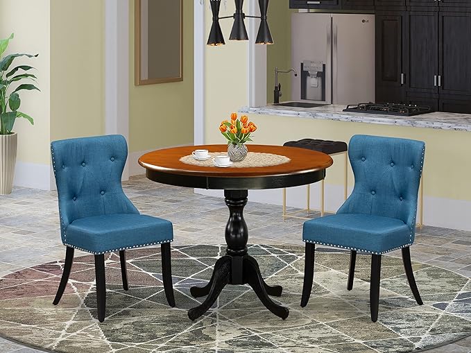 East West Furniture AMSI3-BCH-21 3 Piece Dinette Set for Small Spaces Contains a Round Kitchen Table with Pedestal and 2 Blue Linen Fabric Parson Dining Chairs, 36x36 Inch - LeafyLoom