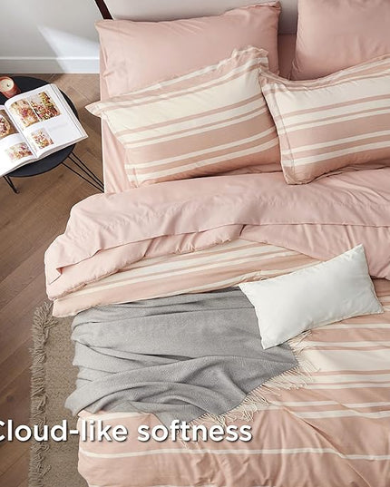 Bedsure Bed in a Bag King Size 7 Pieces, Dusty Pink White Striped Bedding Comforter Sets All Season Bed Set, 2 Pillow Shams, Flat Sheet, Fitted Sheet and 2 Pillowcases - LeafyLoom