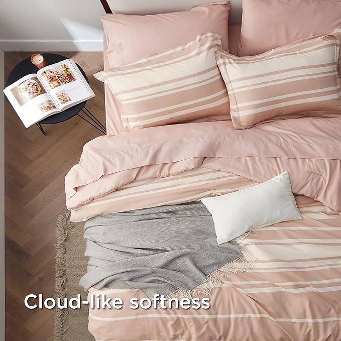 Bedsure Bed in a Bag King Size 7 Pieces, Dusty Pink White Striped Bedding Comforter Sets All Season Bed Set, 2 Pillow Shams, Flat Sheet, Fitted Sheet and 2 Pillowcases - LeafyLoom