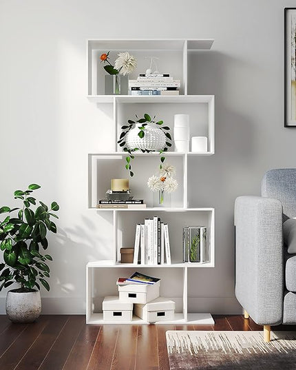 Yusong Bookshelf 5-Tier, Geometric Bookcase S Shaped Book Shelves for Bedroom, Modern Wood Decorative Display Shelf Book Case for Home Office, White - LeafyLoom