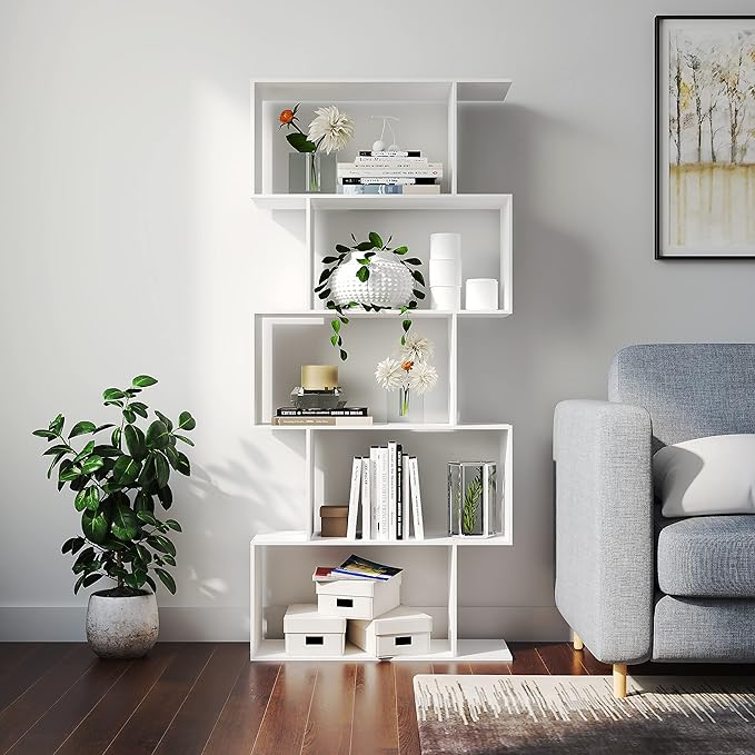 Yusong Bookshelf 5-Tier, Geometric Bookcase S Shaped Book Shelves for Bedroom, Modern Wood Decorative Display Shelf Book Case for Home Office, White - LeafyLoom