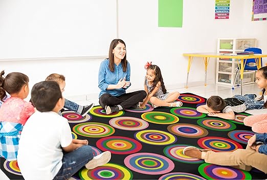 Flagship Carpets Color Rings Colorful Children's Area Rug for Kids Room Circle Seating Décor, Play Carpet for Teaching and Playing, Seats 35, 10'6" x 13'2, Black - LeafyLoom