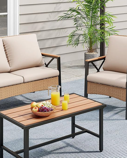 YITAHOME 4-Piece Patio Wicker Furniture Set with Wood Armrest, All Weather Rattan Conversation Furniture Sets for Backyard, Balcony, Deck w/Soft Cushions and Plastic Wood Table (Light Brown+Beige) - LeafyLoom