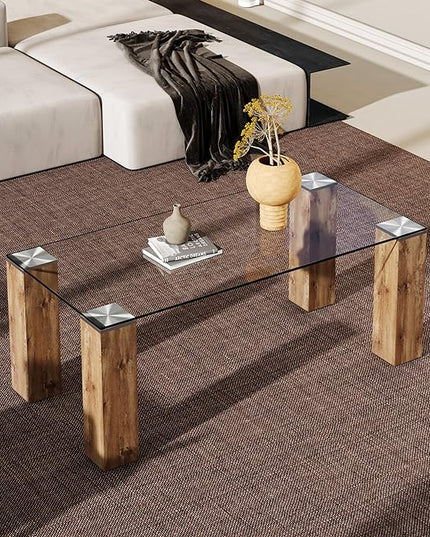 44" Modern Wood and Glass Top Coffee Table Rectangle Tea Table with Wood Leg for Living Room - LeafyLoom