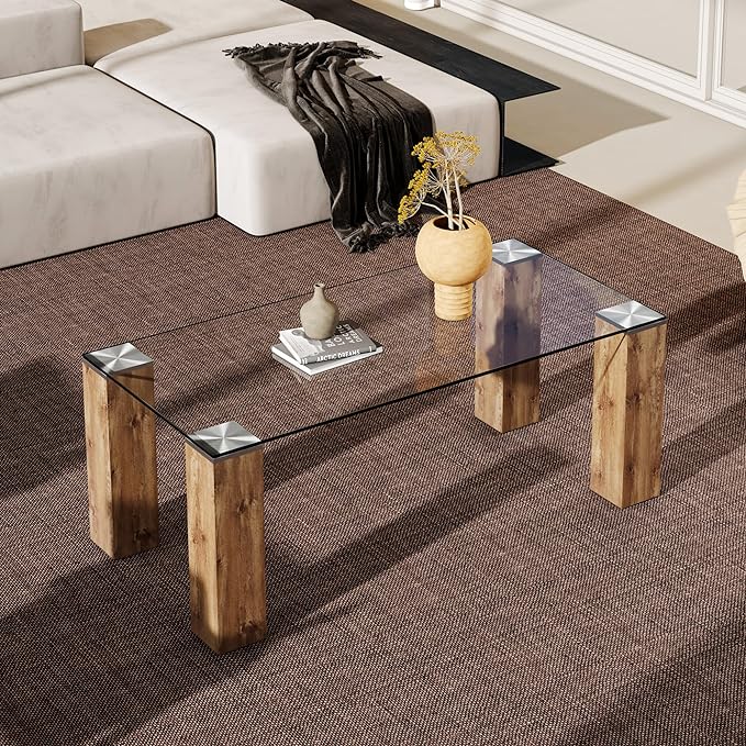 44" Modern Wood and Glass Top Coffee Table Rectangle Tea Table with Wood Leg for Living Room - LeafyLoom