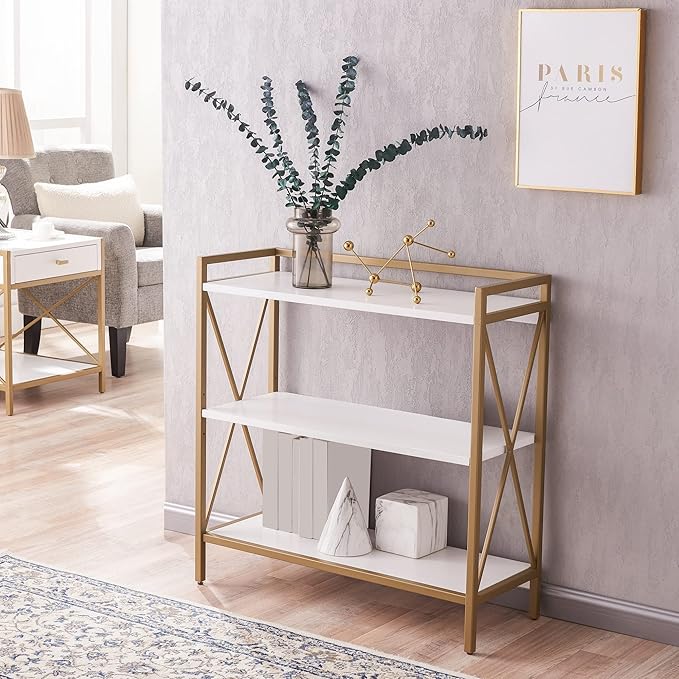 Leick Home 9261-WTGL Claudette Mixed Metal and Wood Bookshelf, White/gold - LeafyLoom