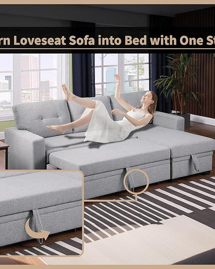 4-in-1 Modular Sofa Bed Convertible Living Room Furniture Sets Upholstered, L Shaped Sectional Comfy Couch with Reversible Storage Chaise for Apartment, Studio, Office, Light Gray-3 - LeafyLoom