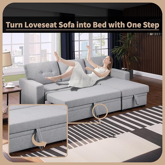 4-in-1 Modular Sofa Bed Convertible Living Room Furniture Sets Upholstered, L Shaped Sectional Comfy Couch with Reversible Storage Chaise for Apartment, Studio, Office, Light Gray-3 - LeafyLoom