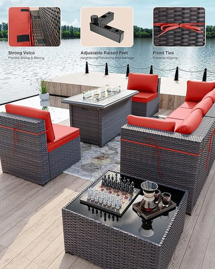 Kullavik 8 Pieces Outdoor Patio Furniture Set with 43" 55000BTU Gas Propane Fire Pit Table PE Wicker Rattan Sectional Sofa Patio Conversation Sets,Red - LeafyLoom