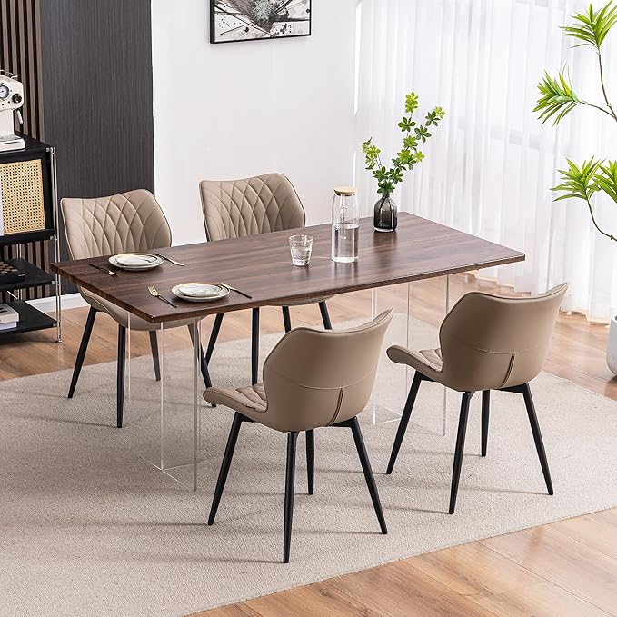 YOUNIKE Dining Chairs Set of 2, Upholstered Leather Kitchen Dining Room Chairs, Modern Living Room Bedroom Side Chairs with Wide Curved Back and Metal Legs, Kitchen Chairs Khaki Taupe - LeafyLoom