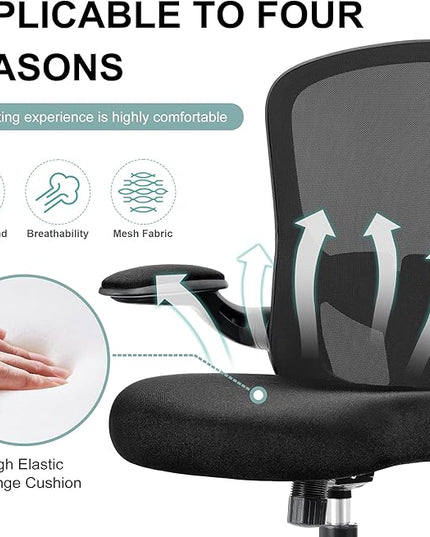 Office Chair, Ergonomic Desk Chair with Lumbar Support and Flip-up Armrest, Height Adjustable Mesh Swivel Computer Office Chair Black - LeafyLoom