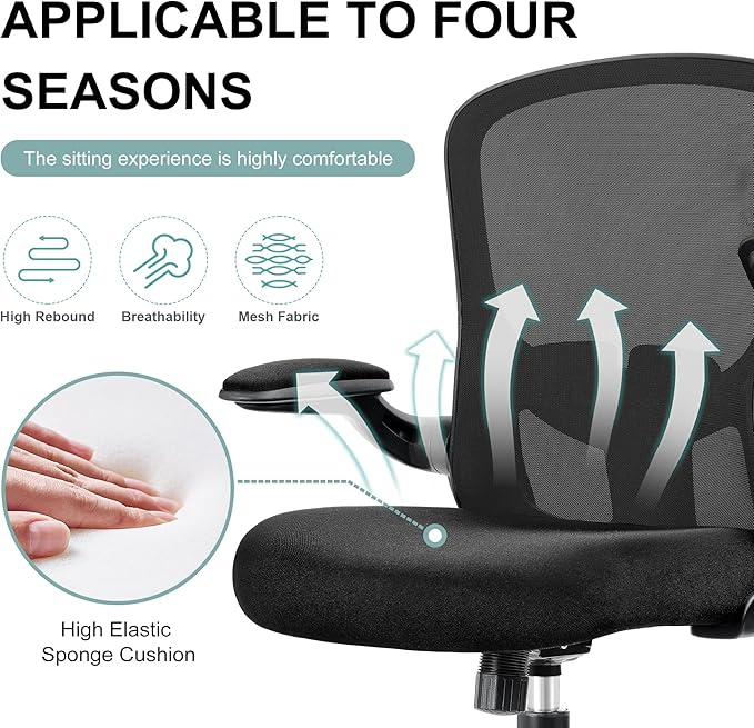 Office Chair, Ergonomic Desk Chair with Lumbar Support and Flip-up Armrest, Height Adjustable Mesh Swivel Computer Office Chair Black - LeafyLoom