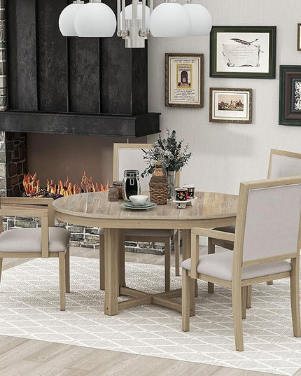 Farmhouse 5 Piece Dining Set, Included Round Extendable Wooden Table and 4 Upholstered Chairs, Retro Adjustable Dinette Furniture for Kitchen Living Room, Natural Wood Wash - LeafyLoom
