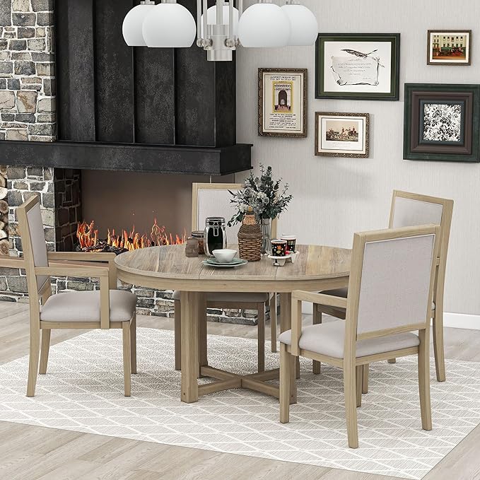 Farmhouse 5 Piece Dining Set, Included Round Extendable Wooden Table and 4 Upholstered Chairs, Retro Adjustable Dinette Furniture for Kitchen Living Room, Natural Wood Wash - LeafyLoom