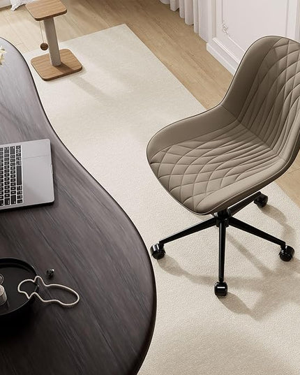 YOUNIKE Armless Office Chair Leather Desk Chair with Wheels Swivel Rolling Task Chair with Back Upholstered Computer Chair Height Adjustable Modern Ergonomic Wide Seat Khaki - LeafyLoom