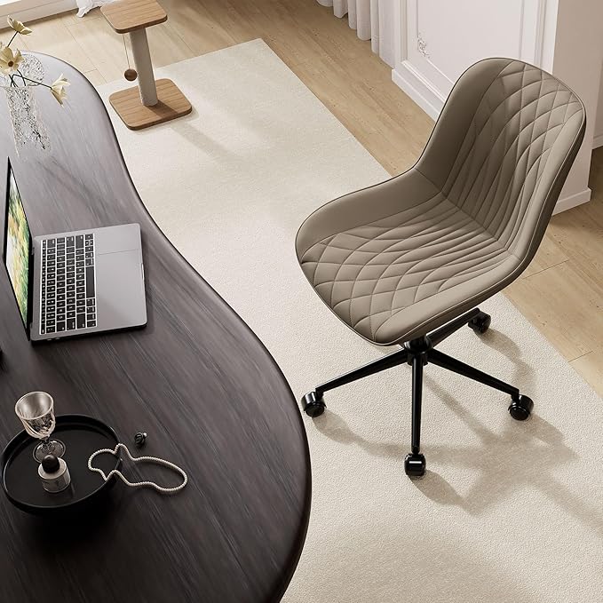 YOUNIKE Armless Office Chair Leather Desk Chair with Wheels Swivel Rolling Task Chair with Back Upholstered Computer Chair Height Adjustable Modern Ergonomic Wide Seat Khaki - LeafyLoom