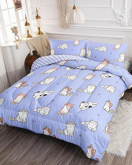 Datura home Purple Kawaii Cat Comforter Bedding Set for Girls Kitten Purple Print Cute Animal Pattern with 1 and 2 Pillowcases Bedroom All Season(Cat Purple Twin), Twin 68x86inches - LeafyLoom