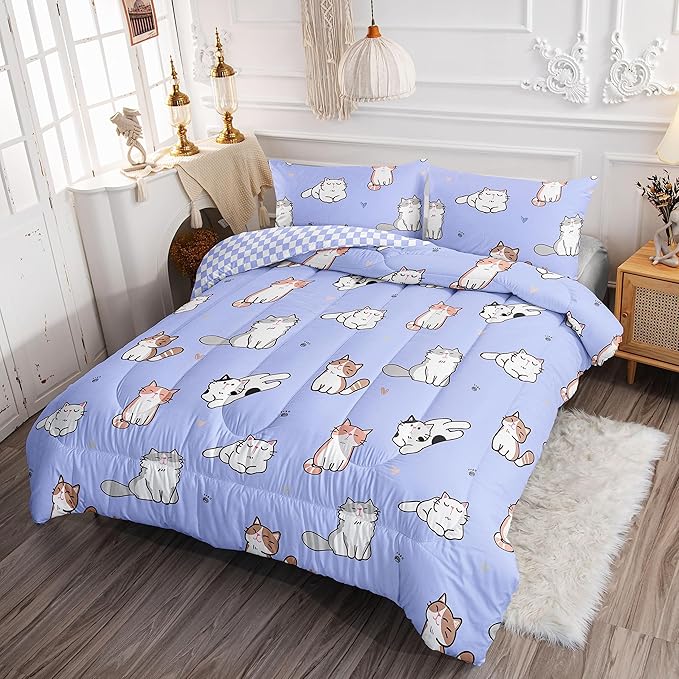 Datura home Purple Kawaii Cat Comforter Bedding Set for Girls Kitten Purple Print Cute Animal Pattern Bedding Set with 1 Comforter and 2 Pillowcases for Girls Bedroom All Season(Cat Purple Full) - LeafyLoom