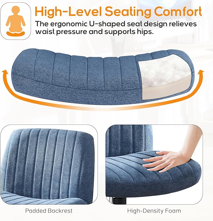 Criss Cross Chair, Cross Legged Office Chair, Wide Comfty Desk Chair, No Wheels Armless Computer Task Chair, Swivel Vanity Home Chair, Height Adjustable - LeafyLoom