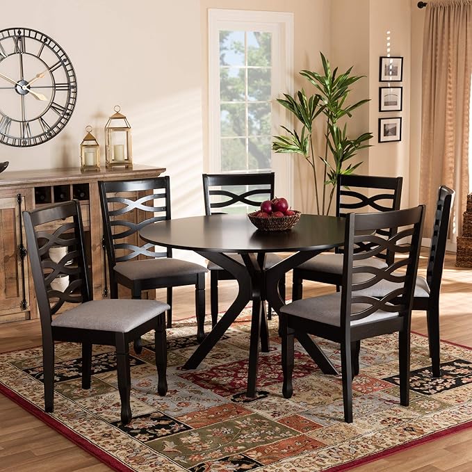 Baxton Studio Mila Modern and Contemporary Grey Fabric Upholstered and Dark Brown Finished Wood 7-Piece Dining Set - LeafyLoom