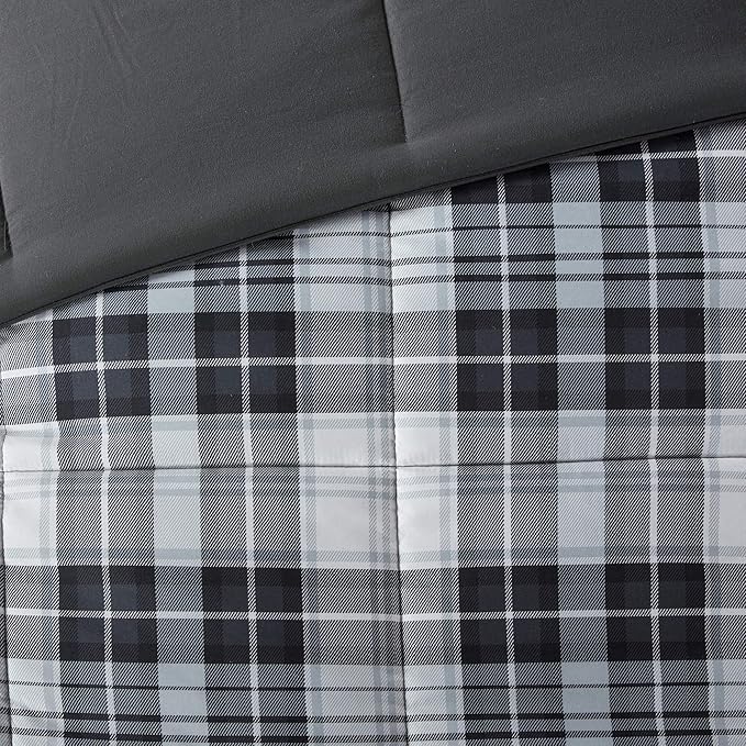 Madison Park Essentials Parkston Plaid Comforter, Matching Sham, 3M Scotchguard Stain Release Cover, Hypoallergenic All Season Bedding-Set, King/California King, Black, 3 Piece - LeafyLoom
