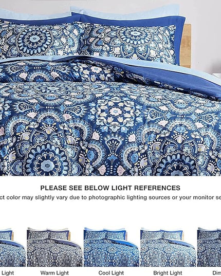 Comfort Spaces Girls Bed in A Bag Floral Comforter Set College Dorm Room Essentials, Complete Dormitory Bedroom Pack And Sheet with 2 Side Pocket Includes Extra Pillowcase Sets, Twin, Medallion Blue - LeafyLoom
