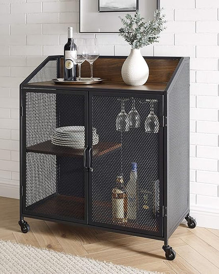 Walker Edison Malcomb Urban Industrial Metal Mesh Double Door Rolling Bar Cabinet, 33 Inch, Dark Walnut - LeafyLoom