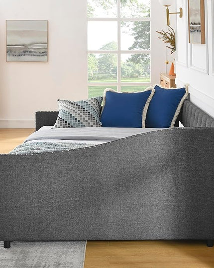 Full Size Daybed with 2 Drawers, Upholstered Tufted Day Bed, with Button Back and Waved Shape Arms, Wood Slat Support, No Spring Box Need, for Bedroom, Livingroom - LeafyLoom