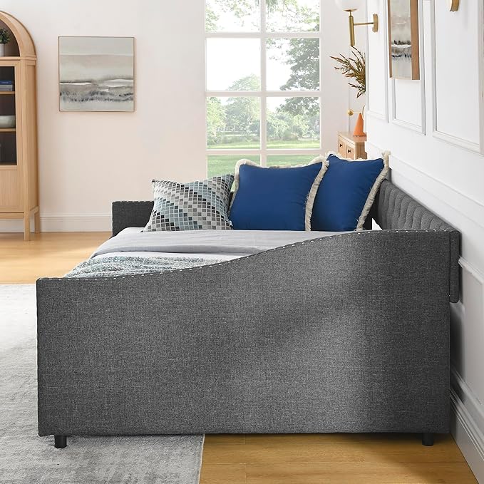 Full Size Daybed with 2 Drawers, Upholstered Tufted Day Bed, with Button Back and Waved Shape Arms, Wood Slat Support, No Spring Box Need, for Bedroom, Livingroom - LeafyLoom