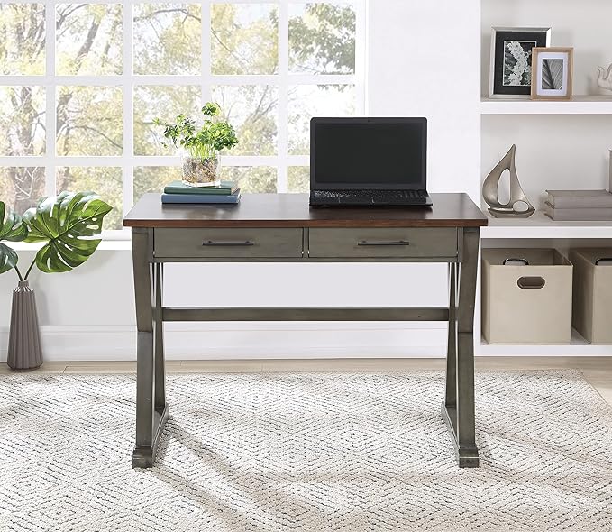 OSP Home Furnishings Jericho Rustic 42 Inch Writing Desk with 2 Drawers and Burnished Decorative Hardware, Slate Gray - LeafyLoom