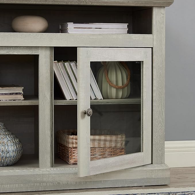 65" Farmhouse Cabinet for 65 Inch TV, Mid Century Modern Media Table Stand with Glass Door, 59'' Entertainment Center with Storage, Rustic Television Consoles for Living Room, Gray Wash - LeafyLoom