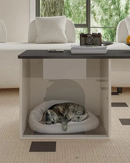 ChooChoo Farmhouse Coffee Table, Cocktail Table Wooden Modern Coffee Table with Opening Cat House for Accent Furniture for Living Room, Meeting Room, Home Decor - LeafyLoom