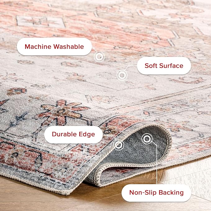 nuLOOM 9x12 Machine Washable Rain Haven Vintage Medallion Area Rug, Beige, Traditional Faded Design, Non-Slip Backing, Stain Resistant, For Bedroom, Dining Room, Living Room, Kitchen - LeafyLoom