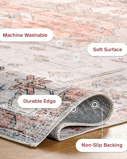 nuLOOM 2x10 Machine Washable Rain Haven Vintage Medallion Area Rug, Beige, Traditional Faded Design, Non-Slip Backing, Stain Resistant, For Bedroom, Dining Room, Living Room, Kitchen - LeafyLoom
