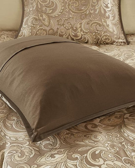 Madison Park Essentials Brystol 24 Piece Room in a Bag Faux Silk Comforter Jacquard Paisley Design Matching Curtains Down Alternative Hypoallergenic All Season Bedding-Set, King(104"x92"), Brown - LeafyLoom