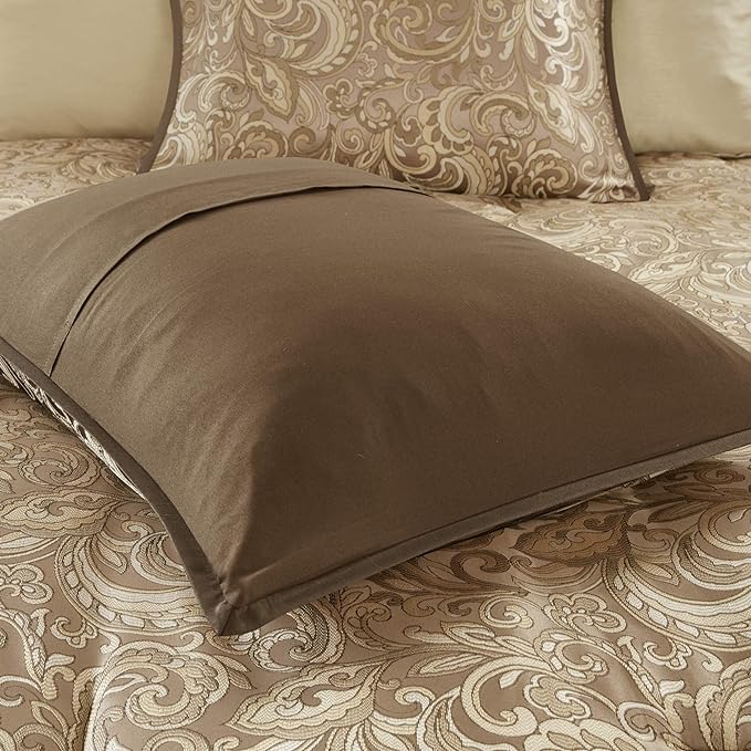 Madison Park Essentials Brystol 24 Piece Room in a Bag Faux Silk Comforter Jacquard Paisley Design Matching Curtains Down Alternative Hypoallergenic All Season Bedding-Set, King(104"x92"), Brown - LeafyLoom