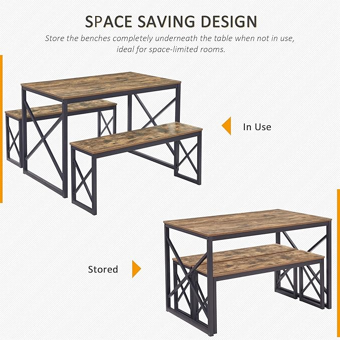 VECELO Kitchen Table with 2 Benches for 4, 43.3'' Wood Dining Room Dinette Sets with X Metal Frame for Breakfast Nook and Small Space, Brown - LeafyLoom