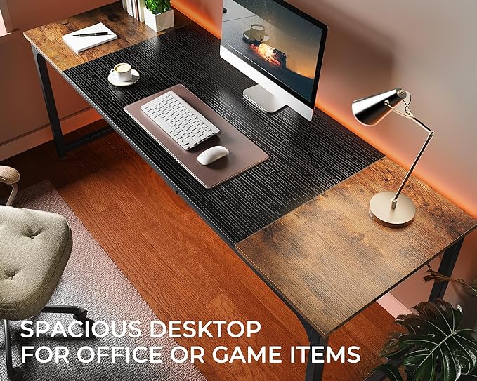 Computer Desk, 80 Inch Office Desk, Gaming Desk with Storage, Writing Desk Work Desk for Home Office, Study, Long Simple Desk, Large Legroom, Metal Frame, Rustic Brown and Black - LeafyLoom