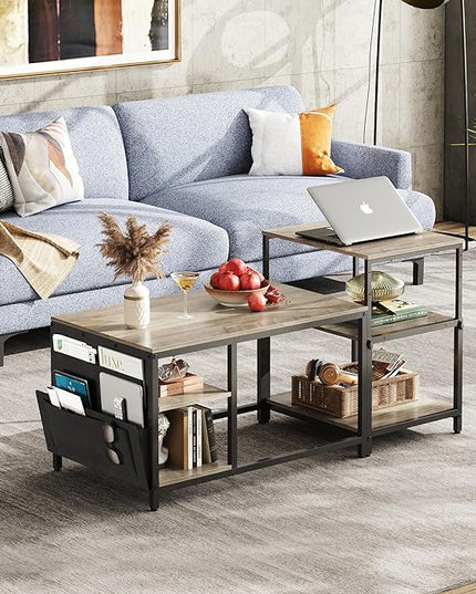 WLIVE Coffee Table for Living Room, Adjustable Coffee Table Set of 2 with End Table, Small Industrial Coffee Table with Side Table, Metal Frame and Wood Desktop, Greige - LeafyLoom