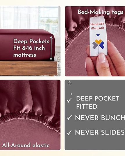 California Design Den 100% Cotton Sheets, Soft 4-Pc Queen Sheet Set, Cooling Sheets for Queen Size Bed, Deep Pockets, 400 Thread Count Sateen, Bedding Sheets & Pillowcases, Queen Sheets (Burgundy Red) - LeafyLoom
