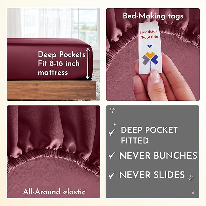 California Design Den 100% Cotton Sheets, Soft 4-Pc Queen Sheet Set, Cooling Sheets for Queen Size Bed, Deep Pockets, 400 Thread Count Sateen, Bedding Sheets & Pillowcases, Queen Sheets (Burgundy Red) - LeafyLoom