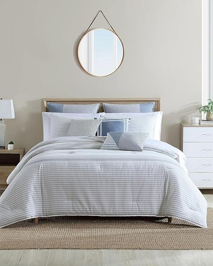 Nautica - Queen Comforter Set, Cotton Reversible Bedding with Matching Shams, Mediterranean Inspired Home Decor for All Seasons (Fairwater Grey, Queen) - LeafyLoom