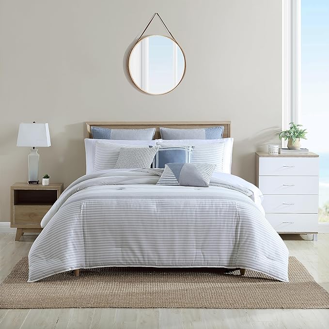 Nautica - Queen Comforter Set, Cotton Reversible Bedding with Matching Shams, Mediterranean Inspired Home Decor for All Seasons (Fairwater Grey, Queen) - LeafyLoom