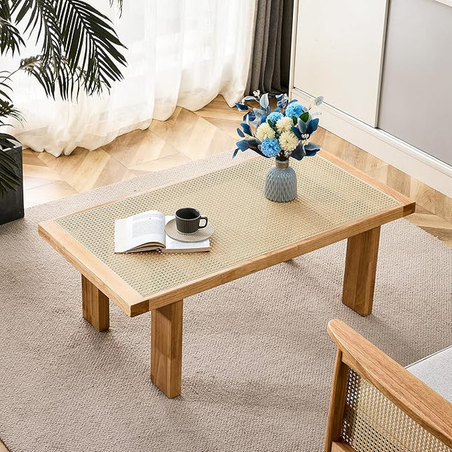 47.24'' Modern Rattan Coffee Table Imitation Rattan Tabletop with Rubber Wooden Legs Rectangle Coffee Tea Table for Living Room Dining Room - LeafyLoom