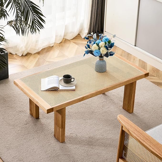 47.24'' Modern Rattan Coffee Table Imitation Rattan Tabletop with Rubber Wooden Legs Rectangle Coffee Tea Table for Living Room Dining Room - LeafyLoom