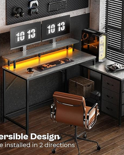 Reversible L Shaped Computer Desk with Drawers, Gaming Desk with LED Lights and Power Outlets, Office Desk with Storage Shelves, Corner Desk with Monitor Stand, for Home & Office, Gray - LeafyLoom