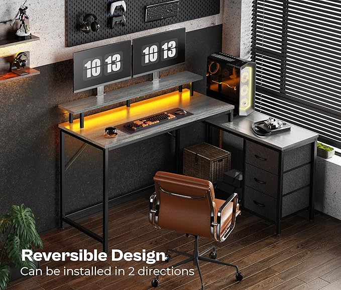Reversible L Shaped Computer Desk with Drawers, Gaming Desk with LED Lights and Power Outlets, Office Desk with Storage Shelves, Corner Desk with Monitor Stand, for Home & Office, Gray - LeafyLoom