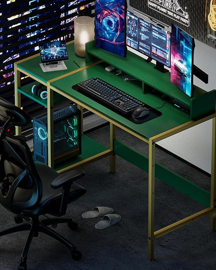 Gaming Computer Desk with Storage,Monitor Stand 47” Small, Writing Desk for 2 Monitors, Adjustable Storage Space, Modern Design Corner Table for Home Office, Green. - LeafyLoom