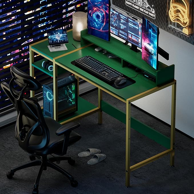 Gaming Computer Desk with Storage,Monitor Stand 47” Small, Writing Desk for 2 Monitors, Adjustable Storage Space, Modern Design Corner Table for Home Office, Green. - LeafyLoom