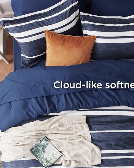 Bedsure Bed in a Bag Full Size 7 Pieces, Navy White Striped Bedding Comforter Sets All Season Bed Set, 2 Pillow Shams, Flat Sheet, Fitted Sheet and 2 Pillowcases - LeafyLoom